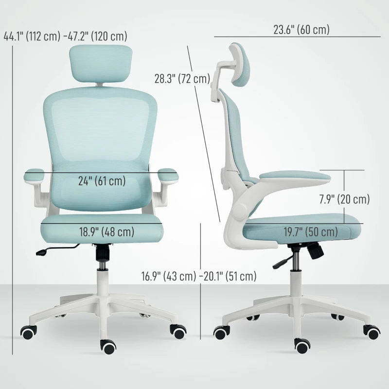Ergonomic Mesh Office Chair, High Back Desk Chair with Rotatable Headrest, Flip-Up Armrests, Lumbar Support, Light Green