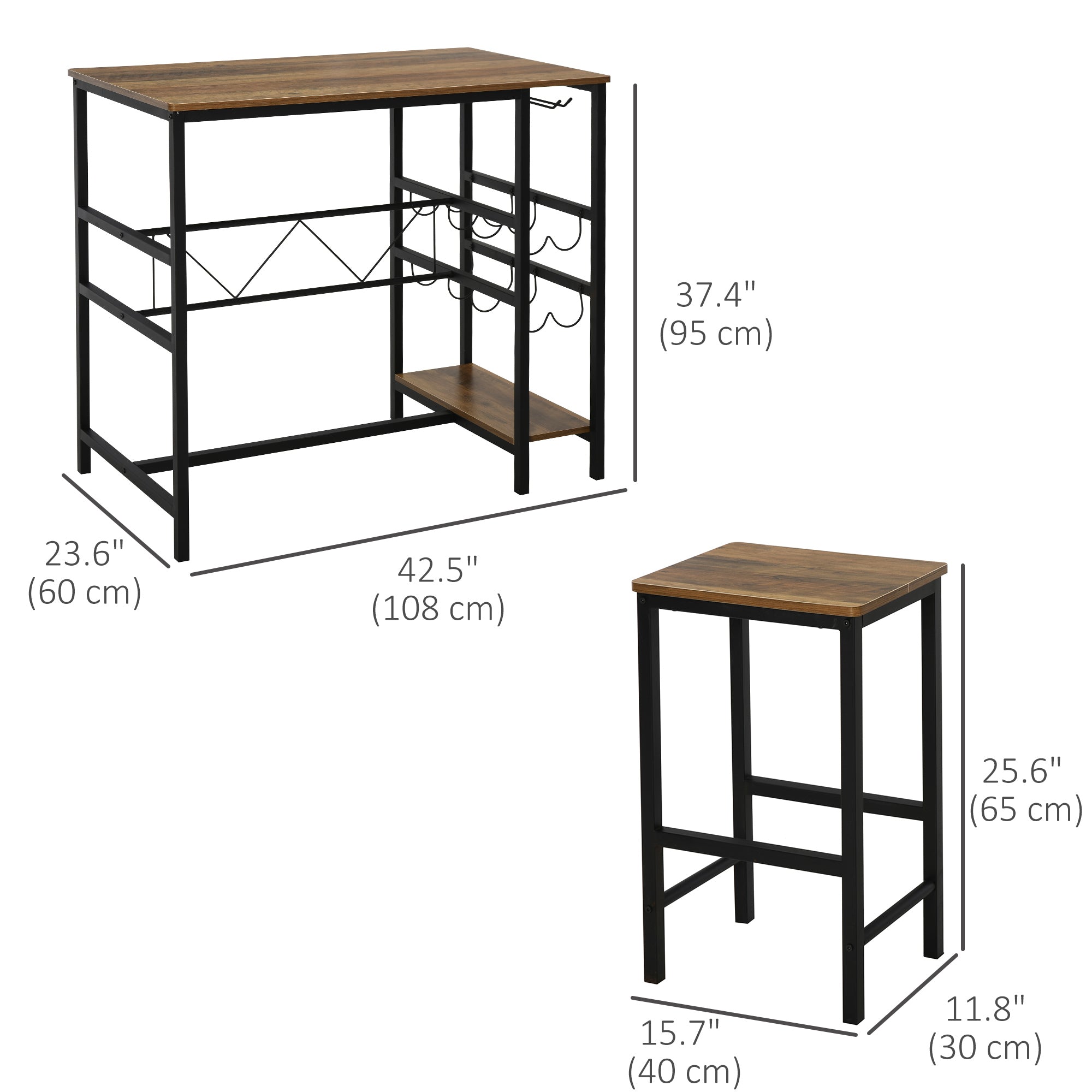 HOMCOM 3 Piece Dining Set Table Chairs Bar Bistro 8-Bottle Wine Rack Cup Holder Metal Frame 