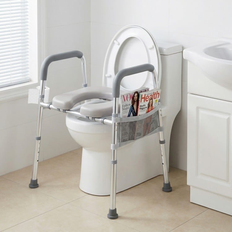 Raised Toilet Seat with Handles and Padded Arms for Seniors-Silver