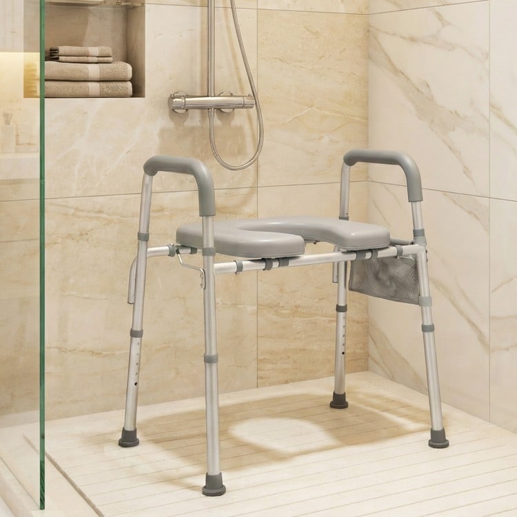Raised Toilet Seat with Handles and Padded Arms for Seniors-Silver