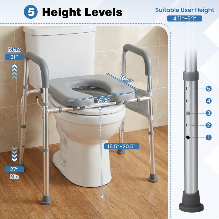 Raised Toilet Seat with Handles and Padded Arms for Seniors-Silver