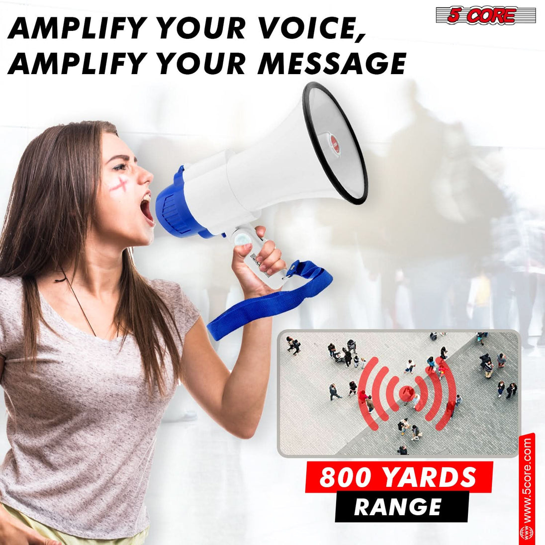 5Core Megaphone Bullhorn Speaker 30W Mini Bull Horn Battery Power Megafono 800 Feet USB BATTERY