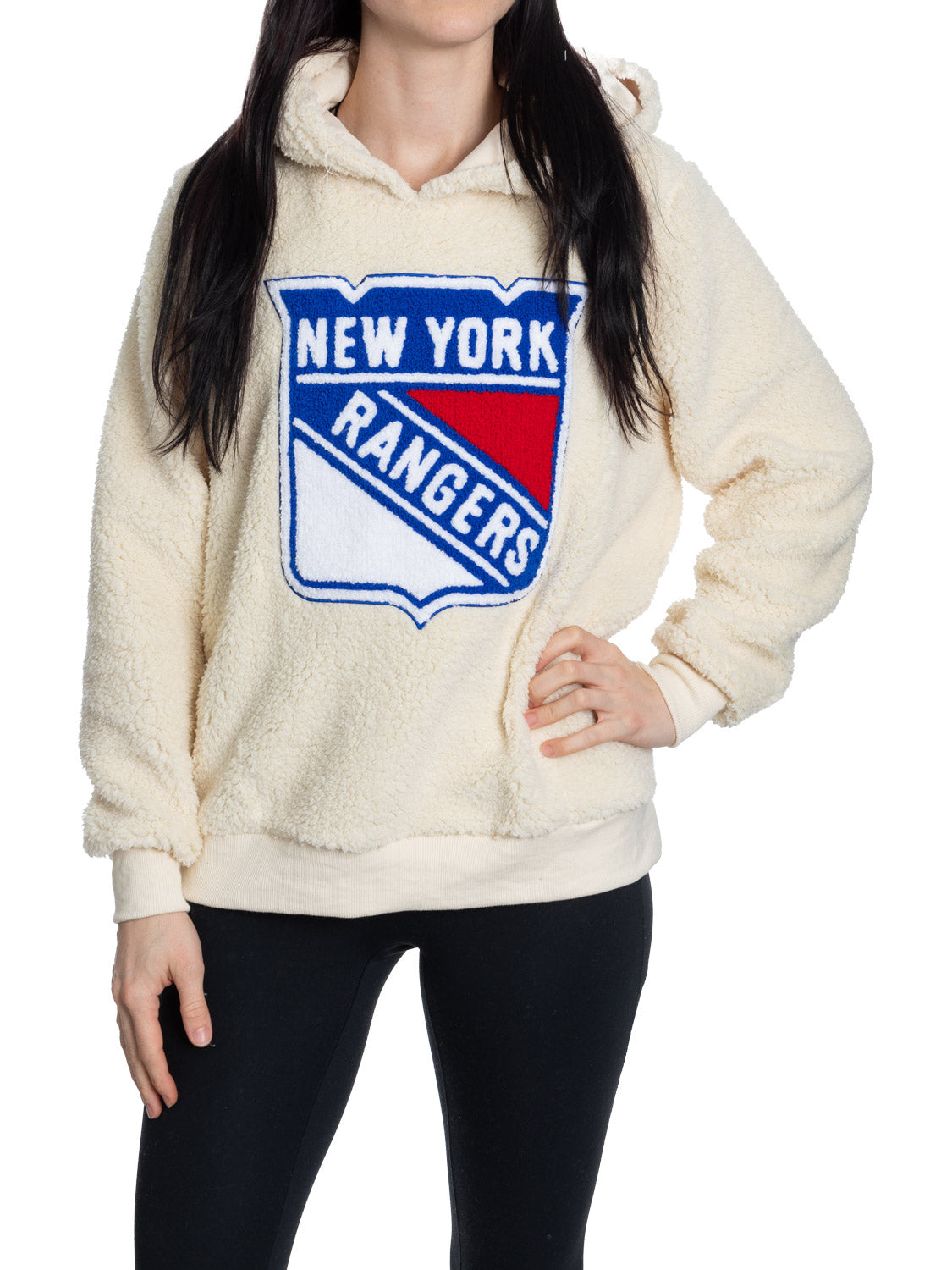 New York Rangers Ladies Sherpa Hoodie with Premium Chenille Logo 