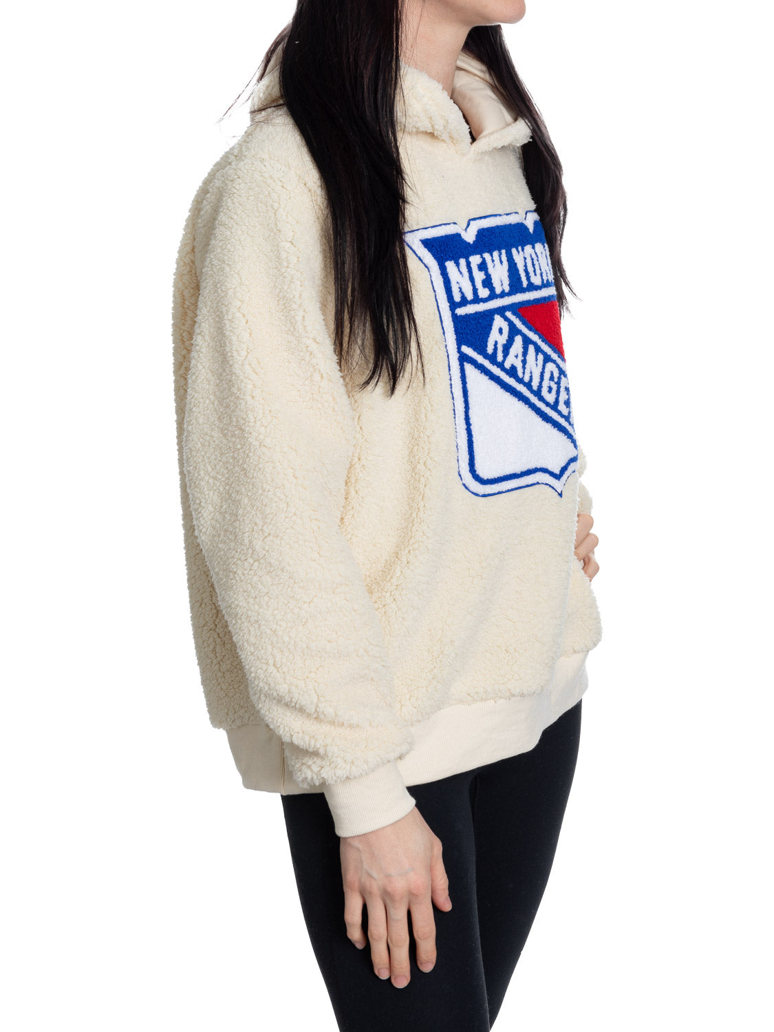 New York Rangers Ladies Sherpa Hoodie with Premium Chenille Logo 