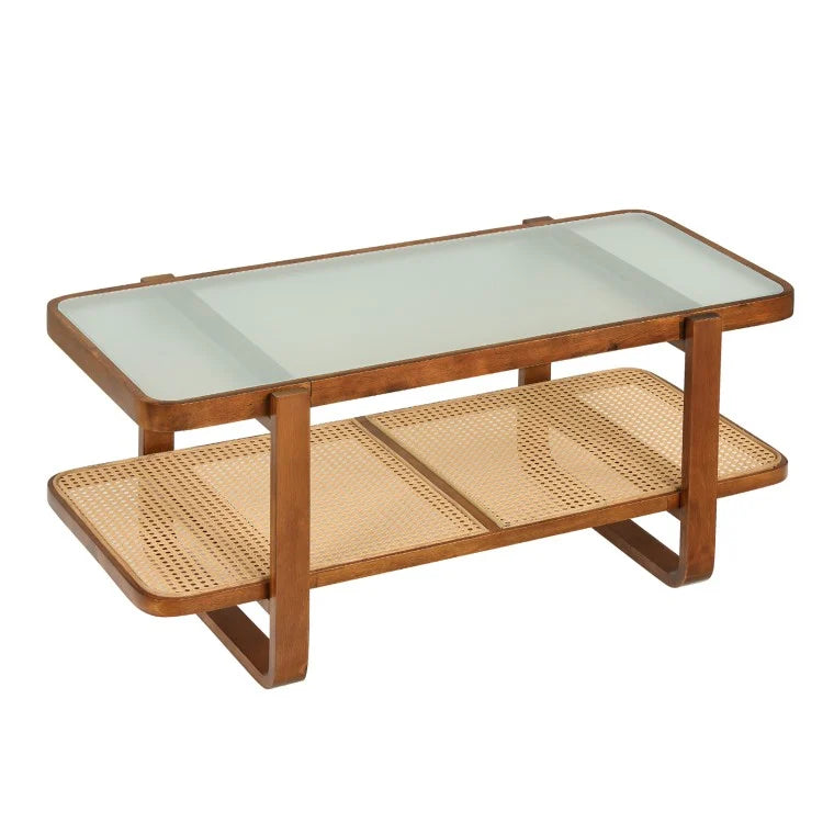 Rattan Coffee Table with Tempered Glass Top & Storage Shelf