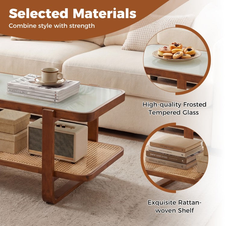 Rattan Coffee Table with Tempered Glass Top & Storage Shelf