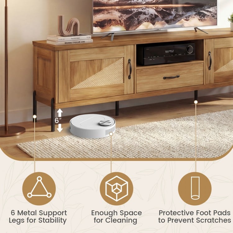 Rattan TV Stand for TVs up to 80" Mid Century Modern Media Console Table with 2 Storage Cabinets-Natural
