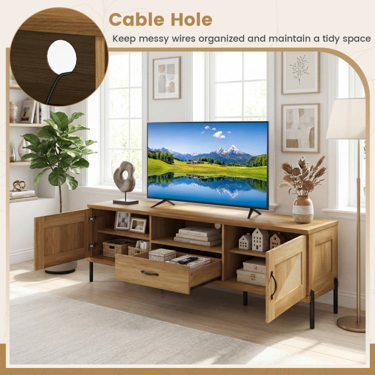 Rattan TV Stand for TVs up to 80" Mid Century Modern Media Console Table with 2 Storage Cabinets-Natural
