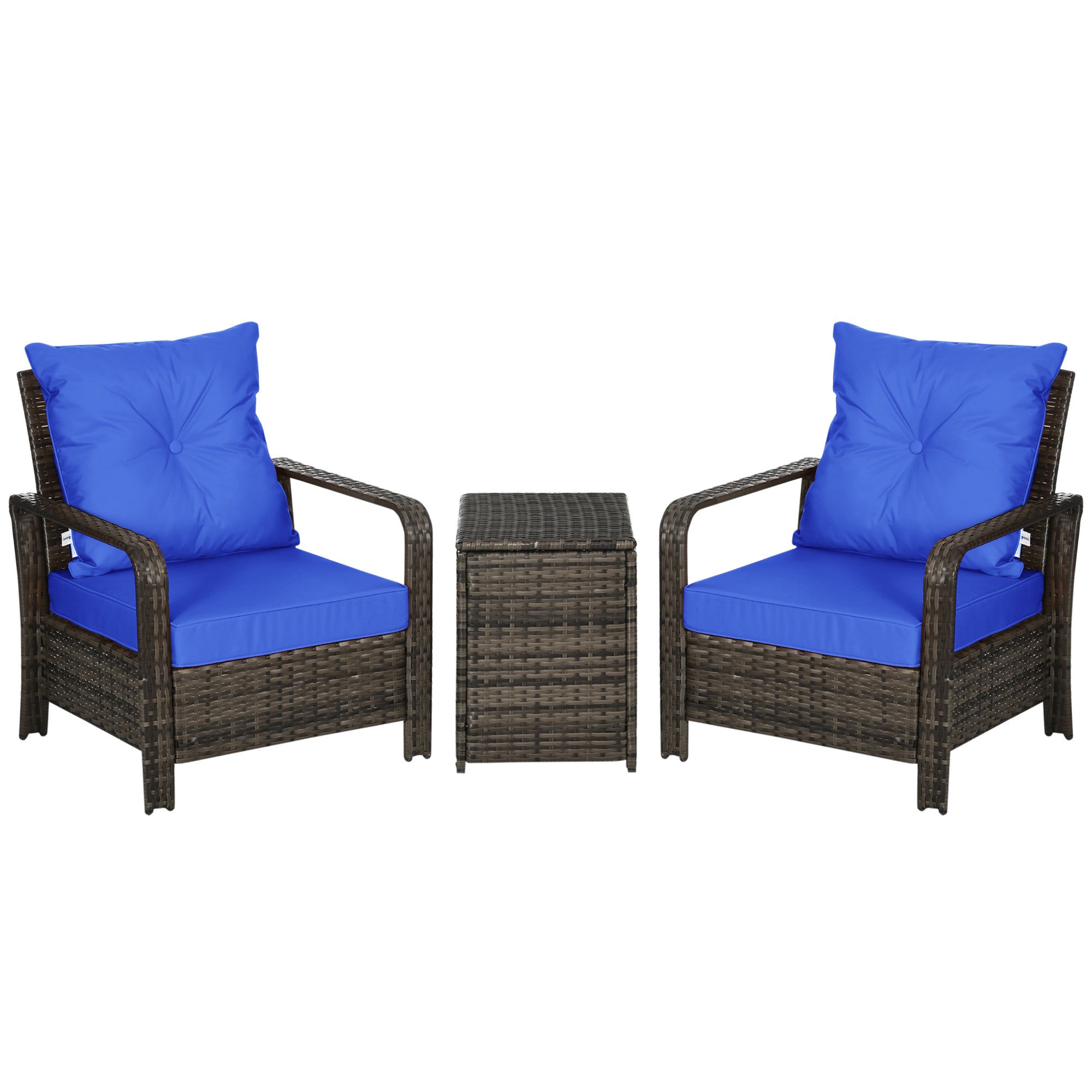 Outsunny 3 Pieces Patio Bistro Set, PE Rattan Garden Sofa Set with 2 Padded Chairs 1 Storage Table, Blue 