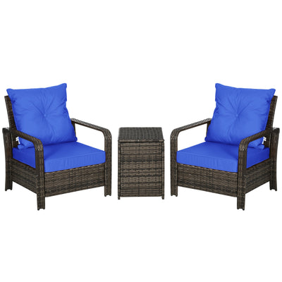 Outsunny 3 Pieces Patio Bistro Set, PE Rattan Garden Sofa Set with 2 Padded Chairs 1 Storage Table, Blue 