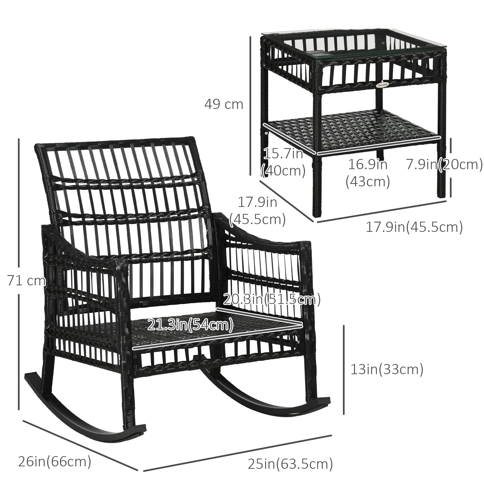Outsunny 3 Pieces Outdoor PE Rattan Rocker Chair Set, Rocking Chair with Tempered Glass Table Top,25"x26"x28", Turquoise Green 