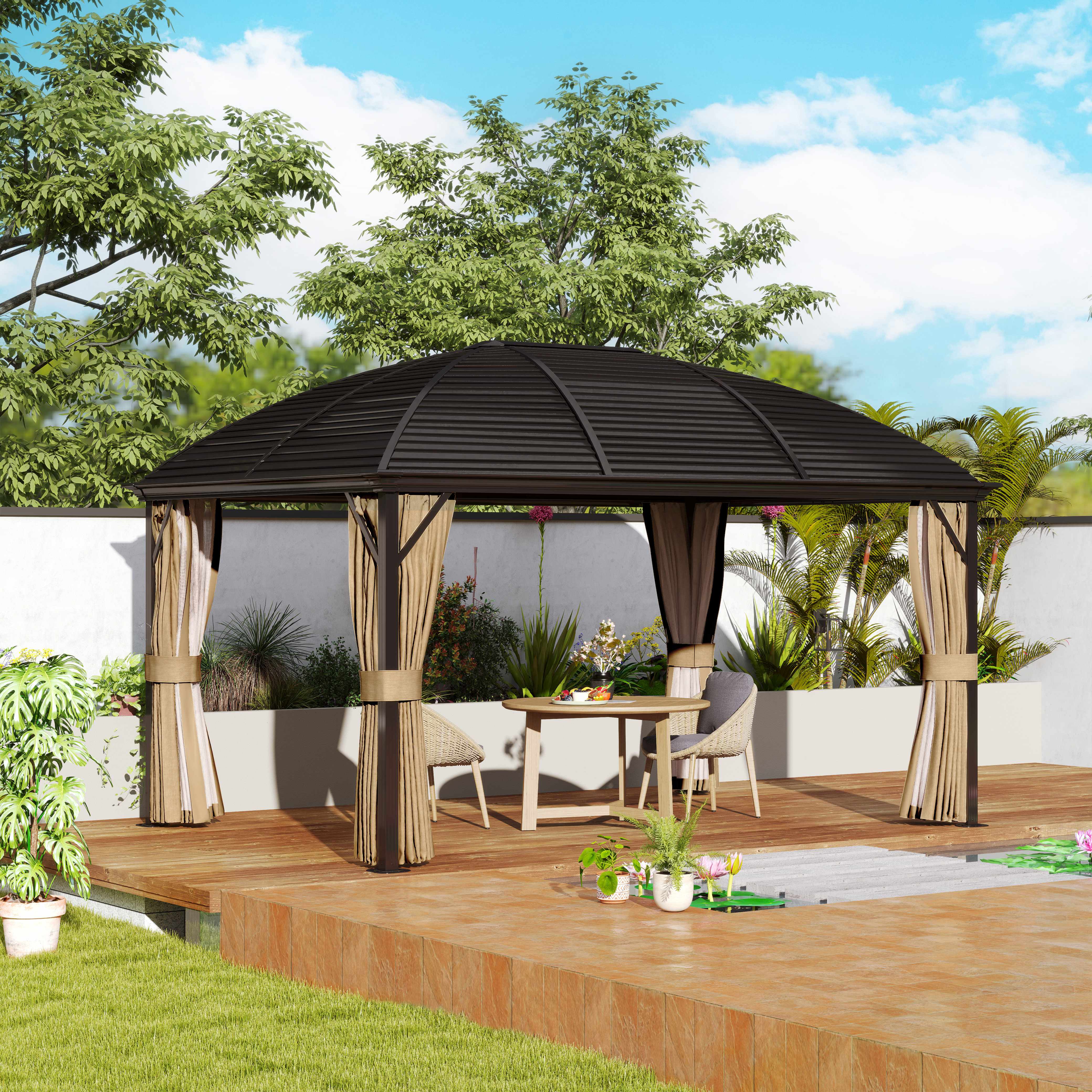 Outsunny 10' x 13' Hardtop Gazebo Aluminum Outdoor Canopy with Mesh Nettings, Curtains, Brown 