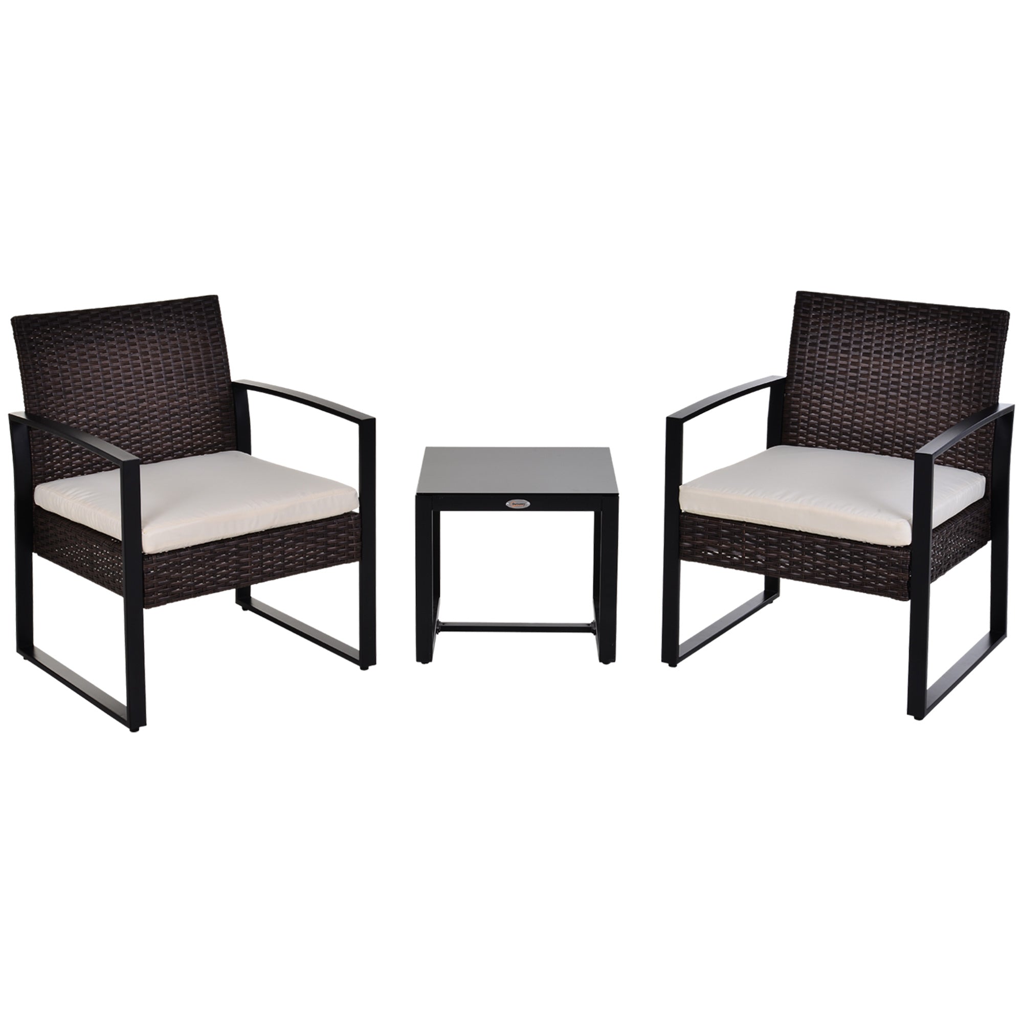 Outsunny 3PC Patio Bistro Set - Rattan Garden Furniture with Cushioned Chairs & Tea Table, Brown/White 