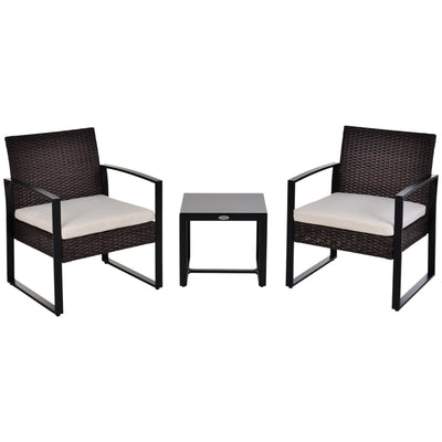 Outsunny 3PC Patio Bistro Set - Rattan Garden Furniture with Cushioned Chairs & Tea Table, Brown/White 
