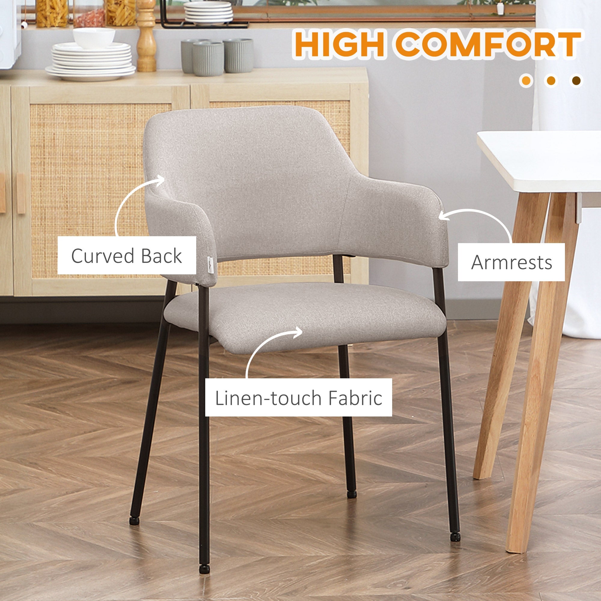 HOMCOM Modern Dining Chairs Set of 2, Linen-Touch Fabric with Armrests and Steel Legs, Accent Kitchen Chairs for Living Room Comfort 