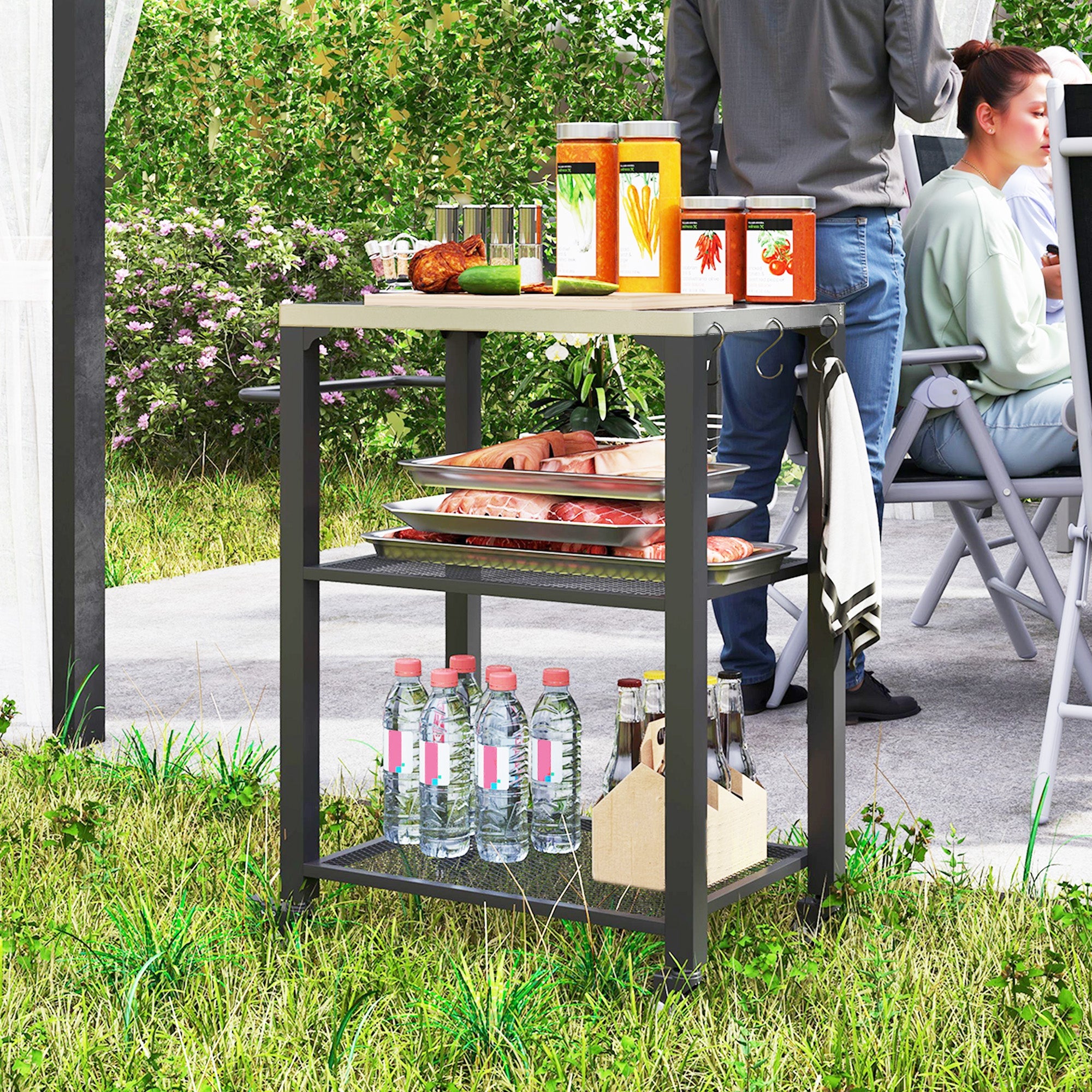 Outsunny 3-Shelf Outdoor Grill Cart Table with Stainless Steel Top, Hooks, Pizza Oven Stand on Wheels 