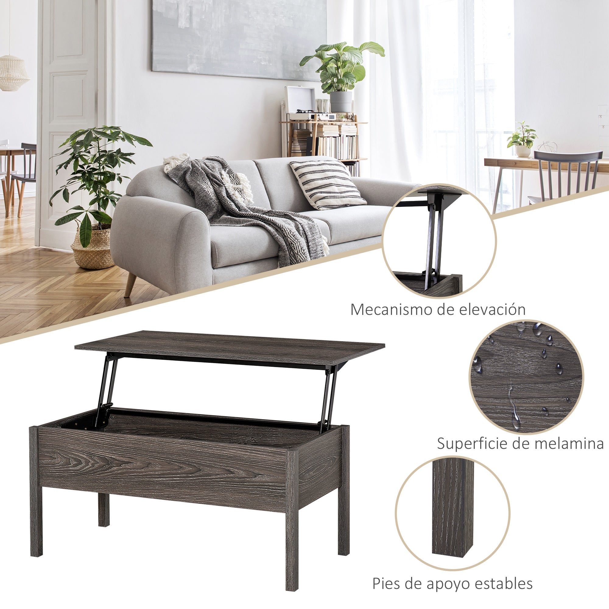 HOMCOM Grey 39" Modern Lift Top Coffee Table: Center Table with Hidden Storage Compartment for Living Room 