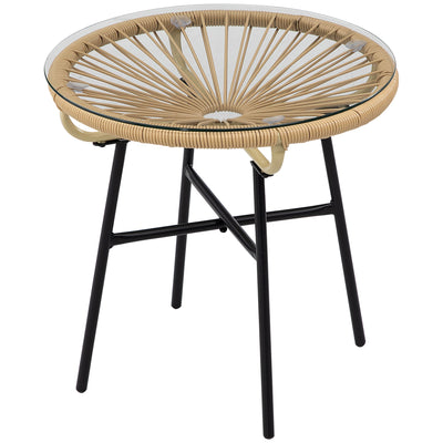 Outsunny Rattan Side Table Round Outdoor with PE Rattan Tempered Glass Top Patio Garden Beige 