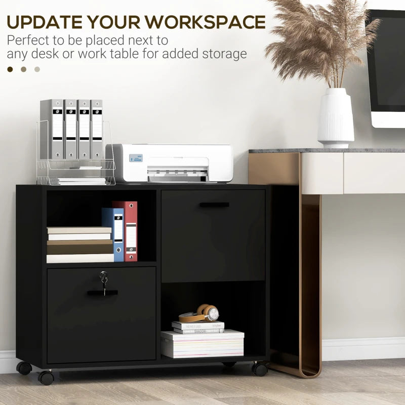 Mobile Printer Stand, Lateral File Cabinet with Lock, Filing Cabinet with Hanging Bars for Letter, A4 Size, Black