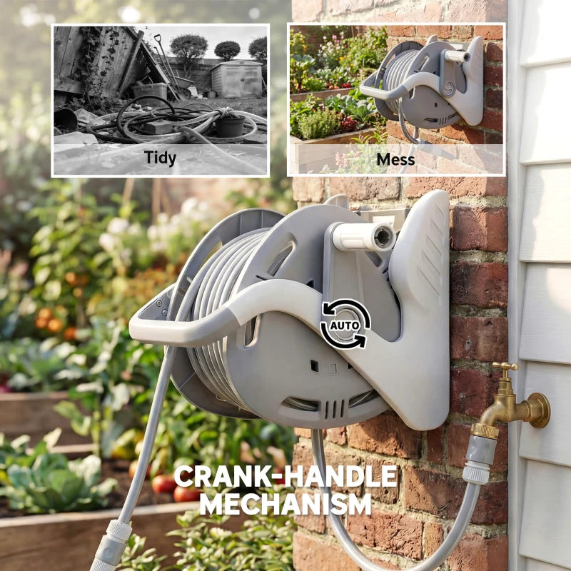 Portable Garden Hose Reel, 1/2" x 66ft Wall Mounted Hose Reel with 2 Patterns Spray Nozzle and Crank Handle, Grey