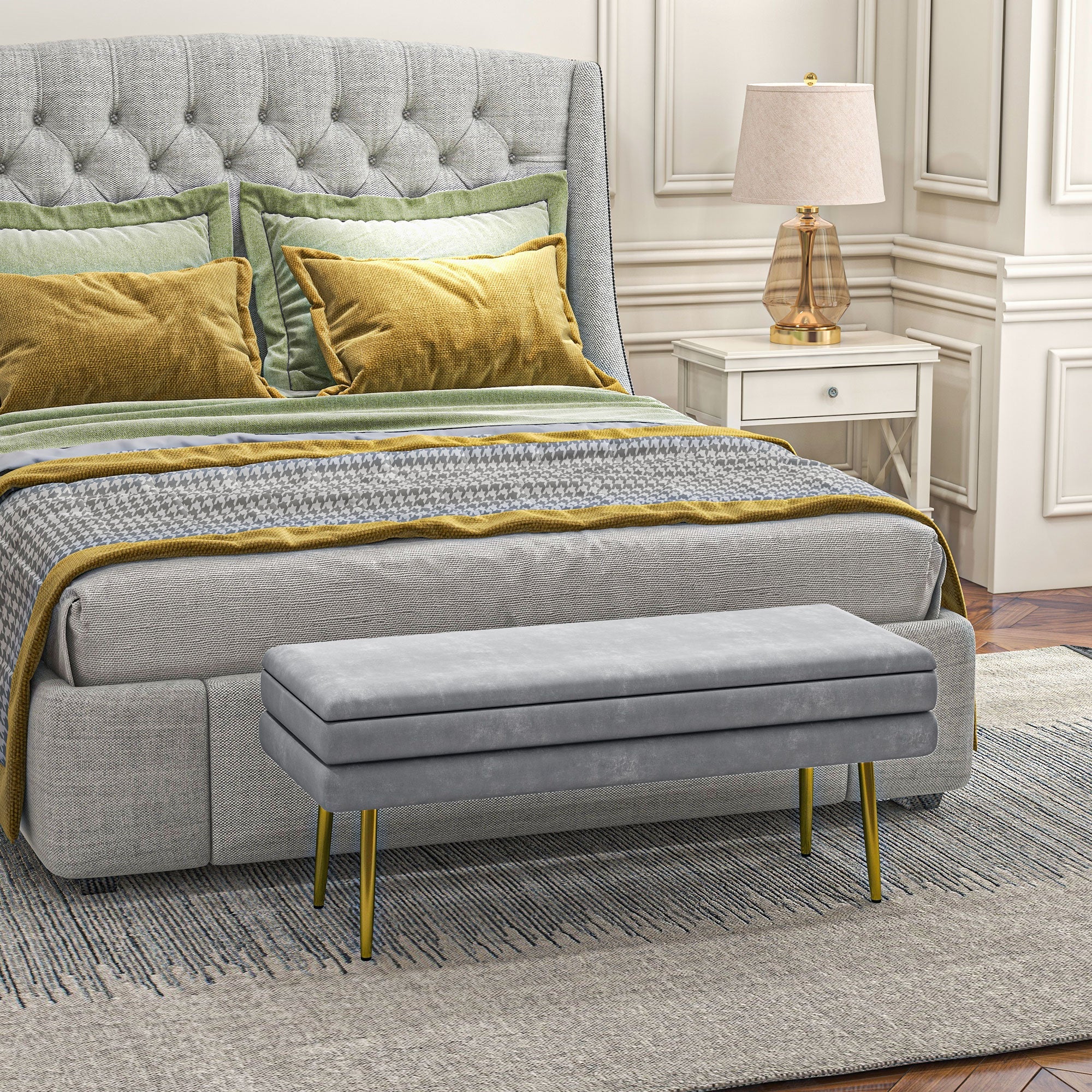 HOMCOM Luxe End of Bed Bench: Dark Grey Velvet-feel Upholstered Padded Seat, Steel Legs, Modern Bedroom Furniture 
