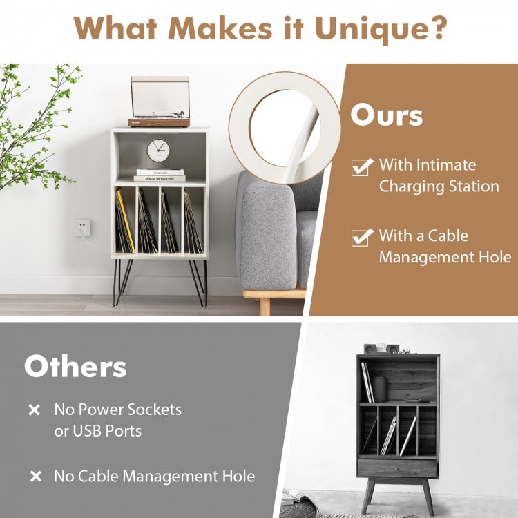 Record Player Stand with Charging Station for Living Room Bedroom-White