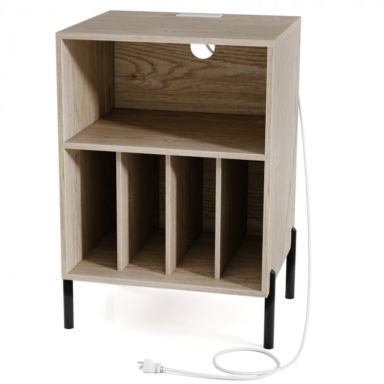 Record Player Stand with Record Storage Shelf and Charging Station-Natural