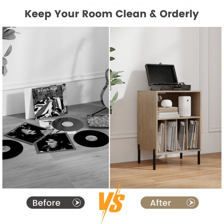 Record Player Stand with Record Storage Shelf and Charging Station-Natural