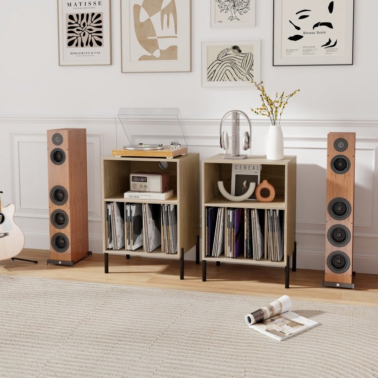 Record Player Stand with Record Storage Shelf and Charging Station-Natural