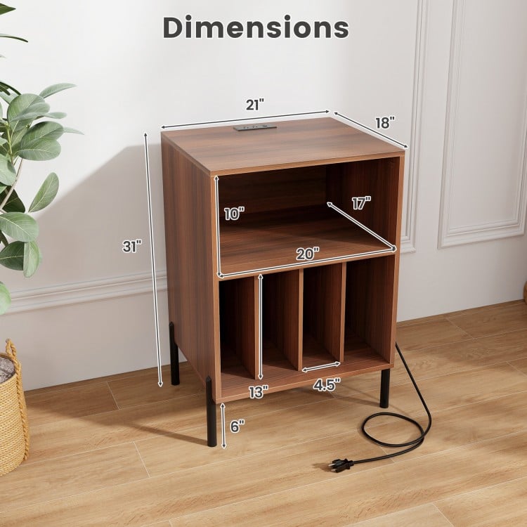 Record Player Stand with Record Storage Shelf and Charging Station-Walnut