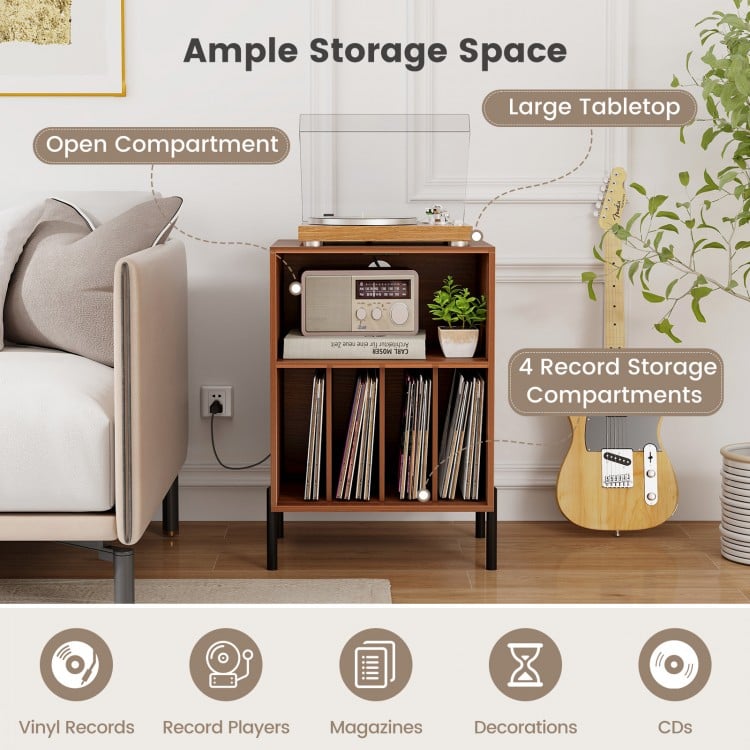 Record Player Stand with Record Storage Shelf and Charging Station-Walnut