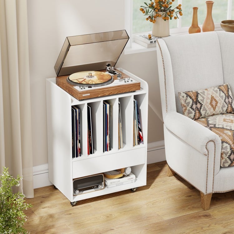 Record Player Stand Turntable Stand with Drawer and Record Holder-White