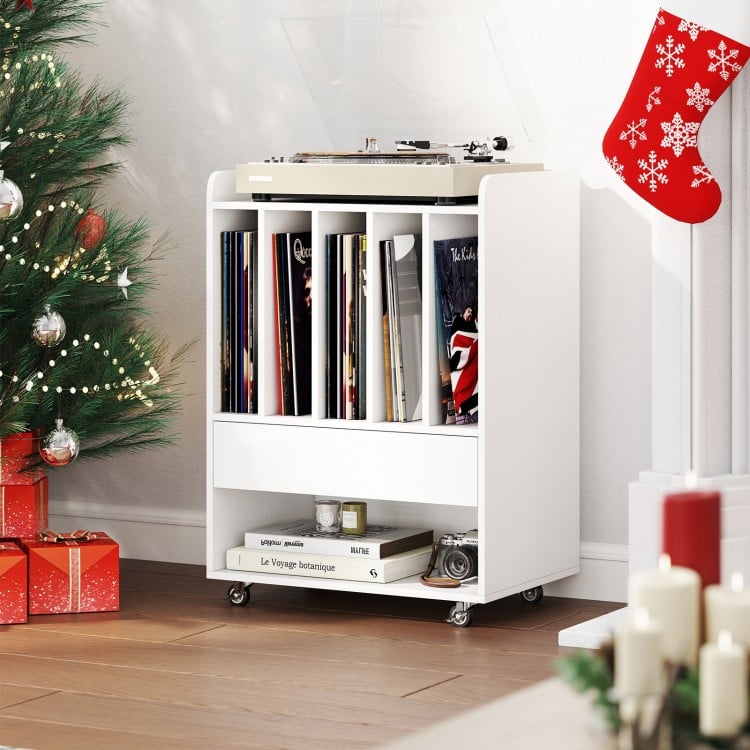 Record Player Stand Turntable Stand with Drawer and Record Holder-White