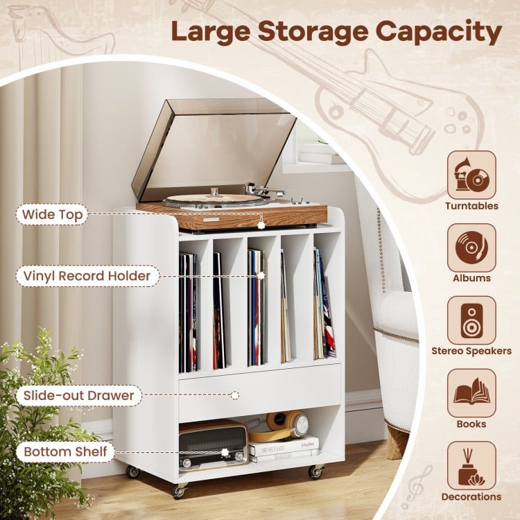 Record Player Stand Turntable Stand with Drawer and Record Holder-White