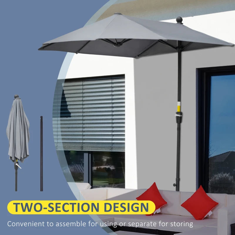 6.6 x 6ft Half Patio Umbrella Outdoor Parasol with Double-Sided Canopy, Crank Handle, Base for Garden, Balcony, Grey