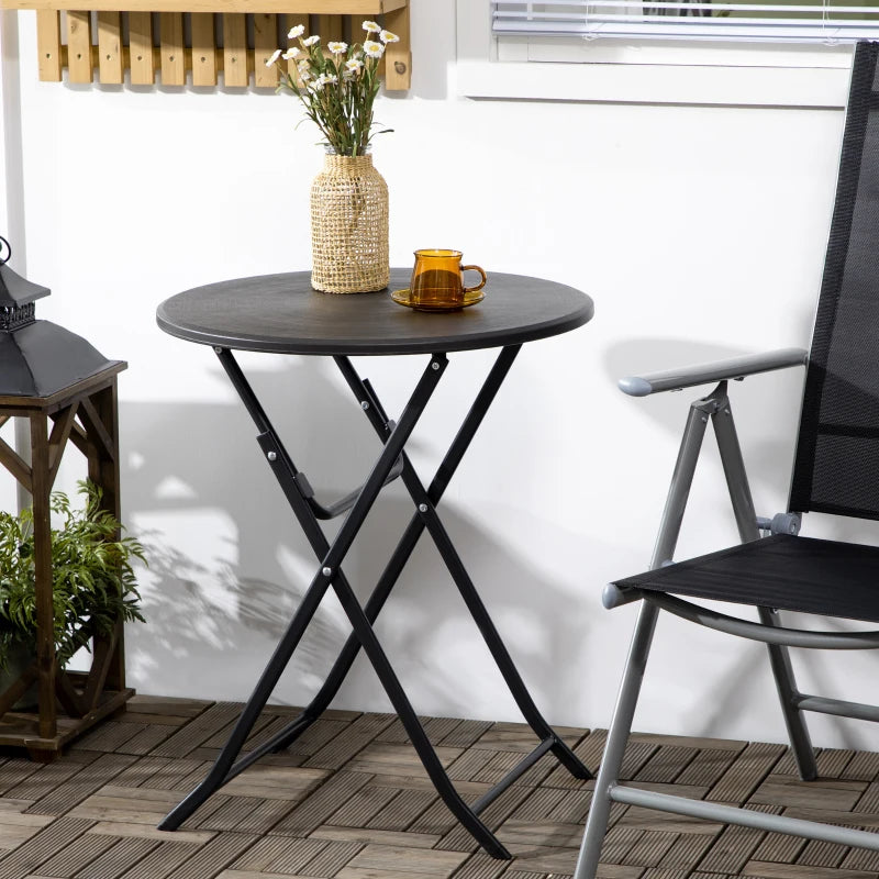Folding Outdoor Coffee Table, 23.6" Round Patio Table with Wood-Effect HDPE Top for Balcony, Garden, Backyard, Dark Grey