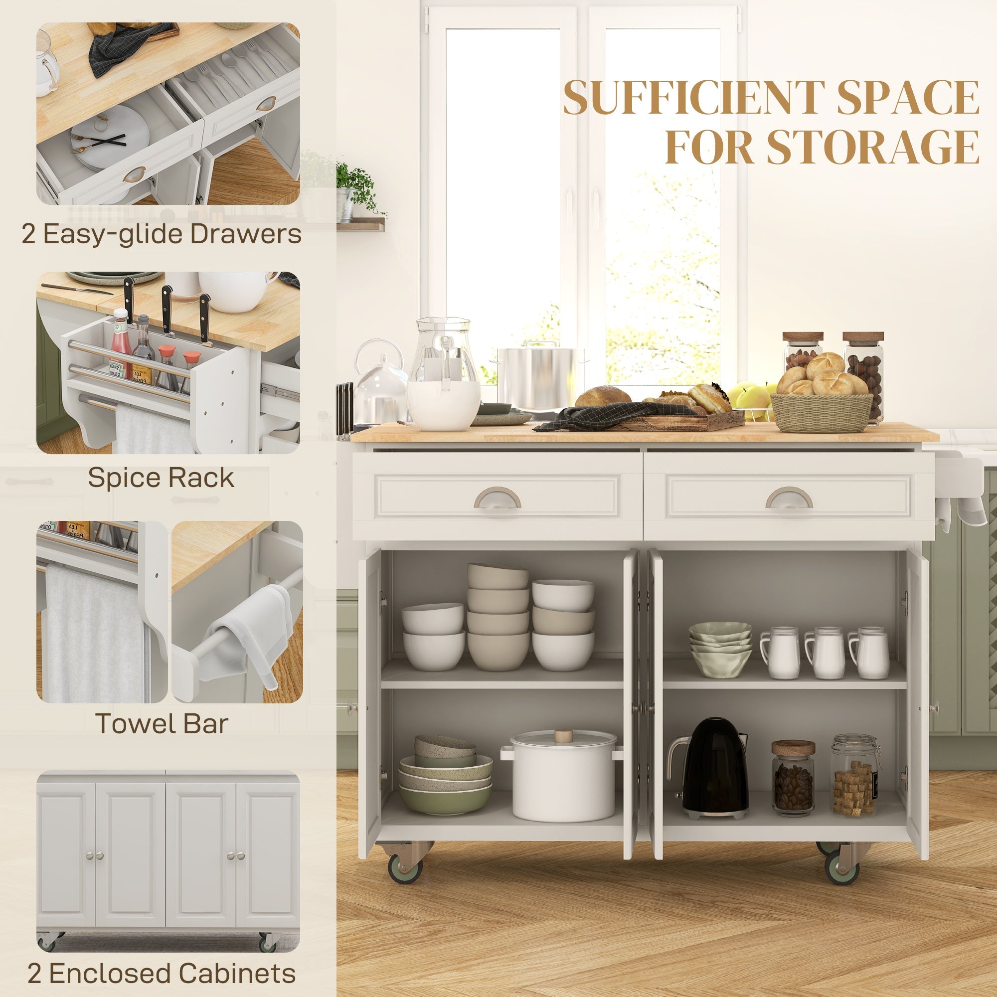 HOMCOM Kitchen Island with Storage, Rolling Kitchen Island with Drop Leaf, Rubber Wood Top and Adjustable Shelves, Cream White 