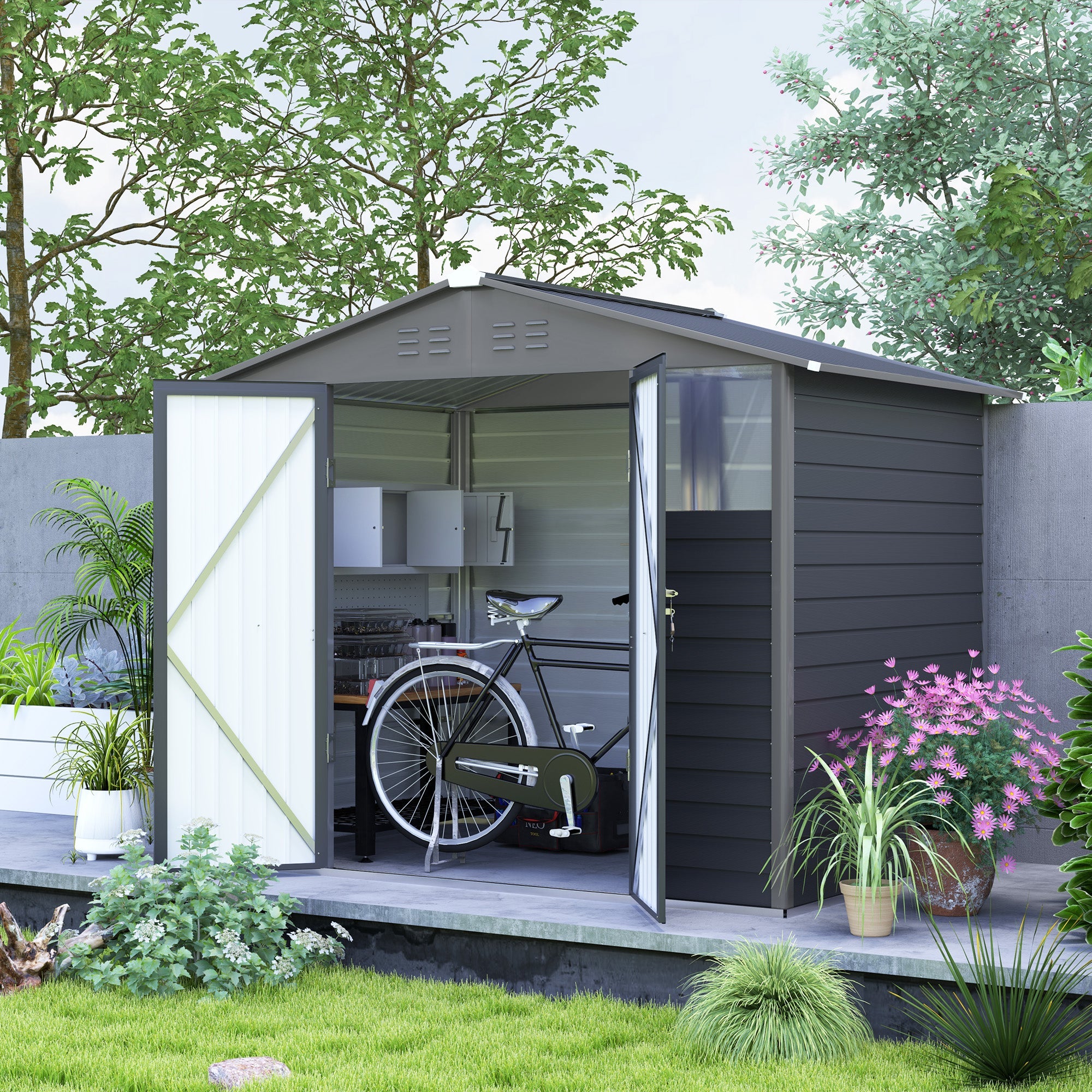 Outsunny 8' x 6' Outdoor Storage Shed, Metal Garden Shed with 2 Windows, 4 Vents, Lockable Doors and Gloves, Dark Grey 