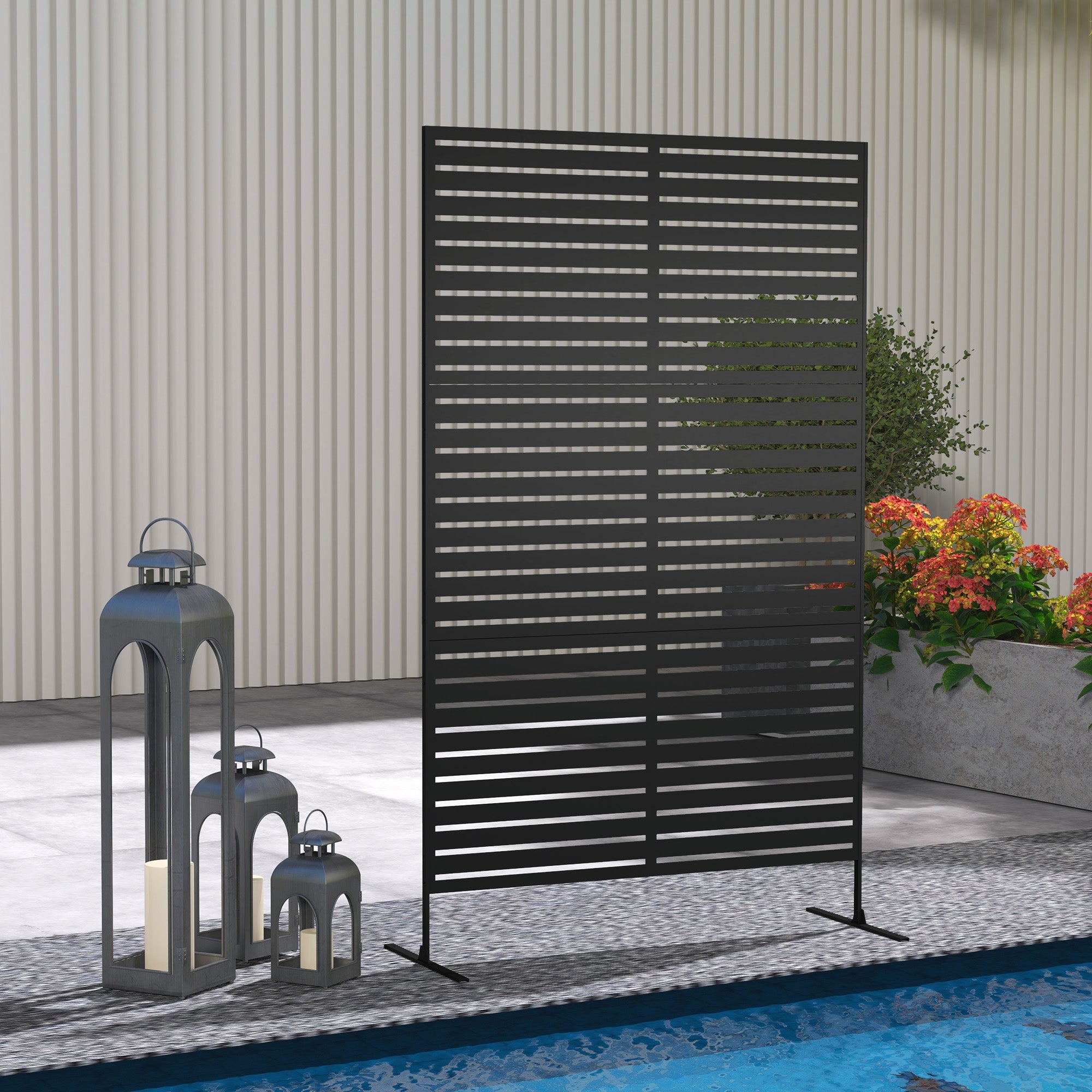Outsunny Decorative Outdoor Privacy Panel, Freestanding Metal Outdoor Divider with Stand for Garden, Backyard, Deck, Pool, Black 