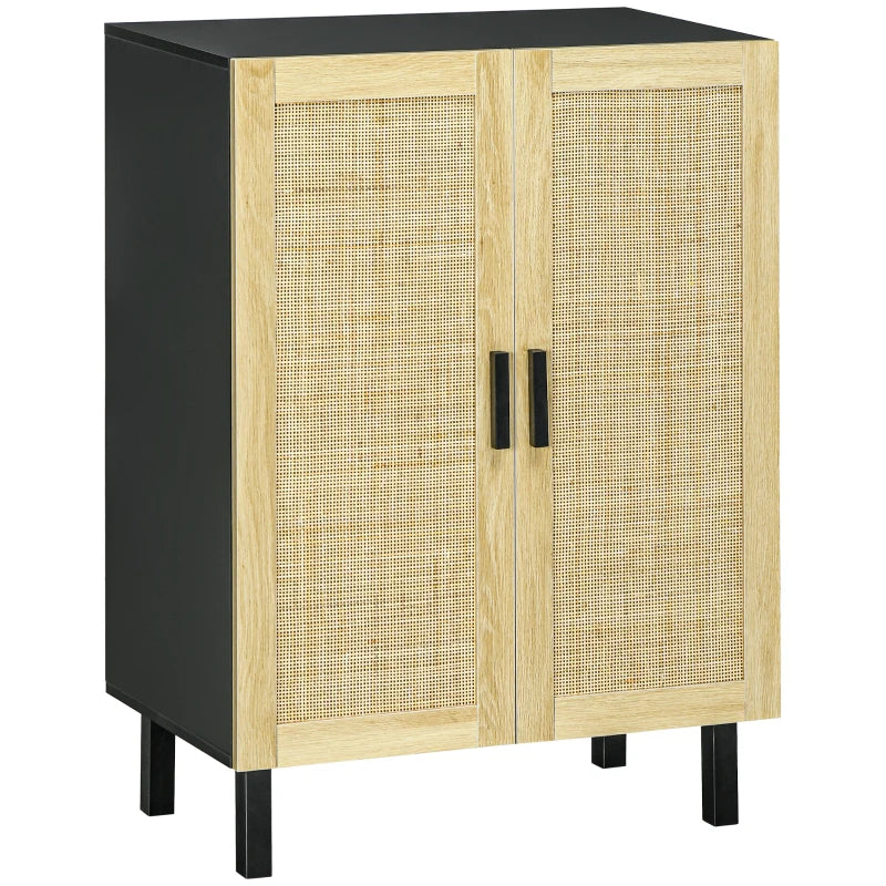 Boho Sideboard, Buffet Cabinet with Storage, Accent Cabinet with 2 Rattan Doors and Adjustable Shelves, Black