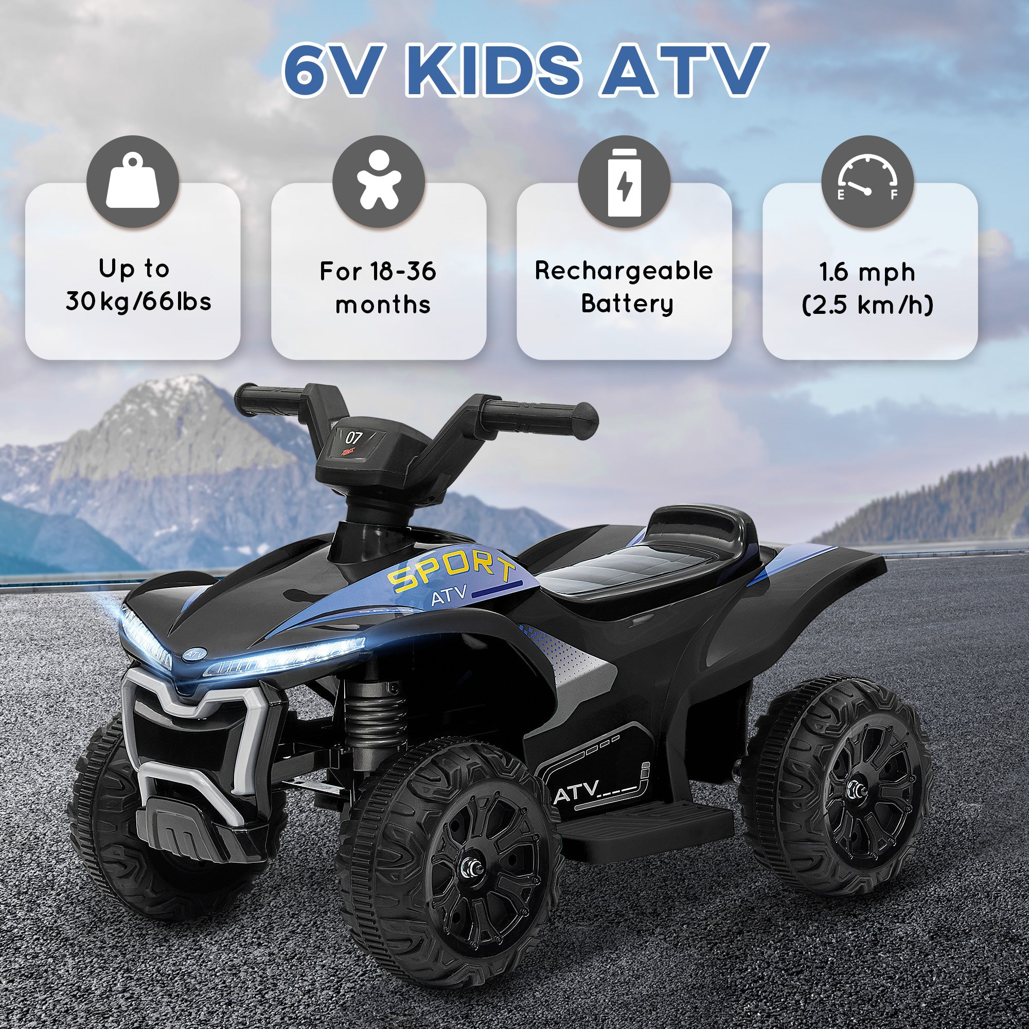 Qaba Kids ATV, 6V Battery Powered Electric Vehicle with Headlights, Forward/Reverse Switch, 4 Wheeler Ride On Toy for 18-36 Months, Black 