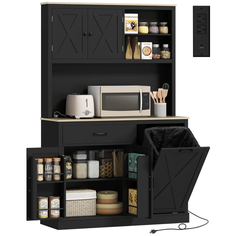69" Pantry Cabinet with Charging Station, Kitchen Cabinet with Microwave Stand, Tilt-Out Trash Can Cabinet, Black