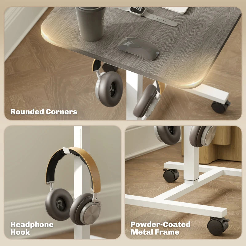 Height Adjustable Standing Desk, Pneumatic Sit Stand Desk with Wheels and Headphone Hook, Grey Wood Grain