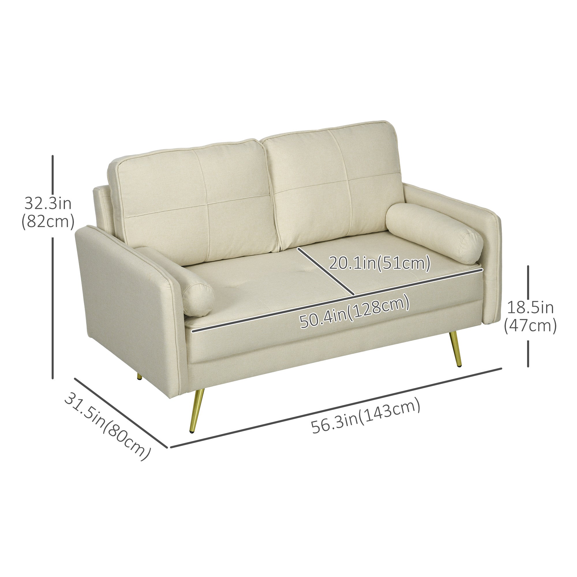 HOMCOM 56" Loveseat Sofa Beige Upholstered 2 Seater Couch with Back Cushions for Bedroom Comfortable 