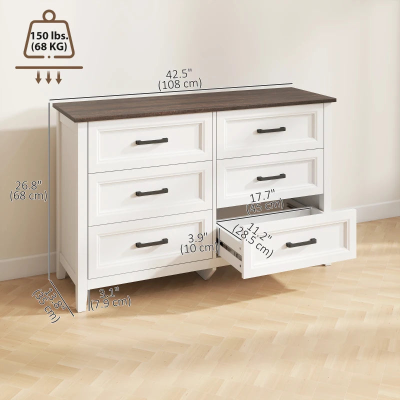 HOMCOM Wide 6 Drawer Dresser for Bedroom, Modern Storage Chest with Wood Top for Living Room, Closet & Entryway