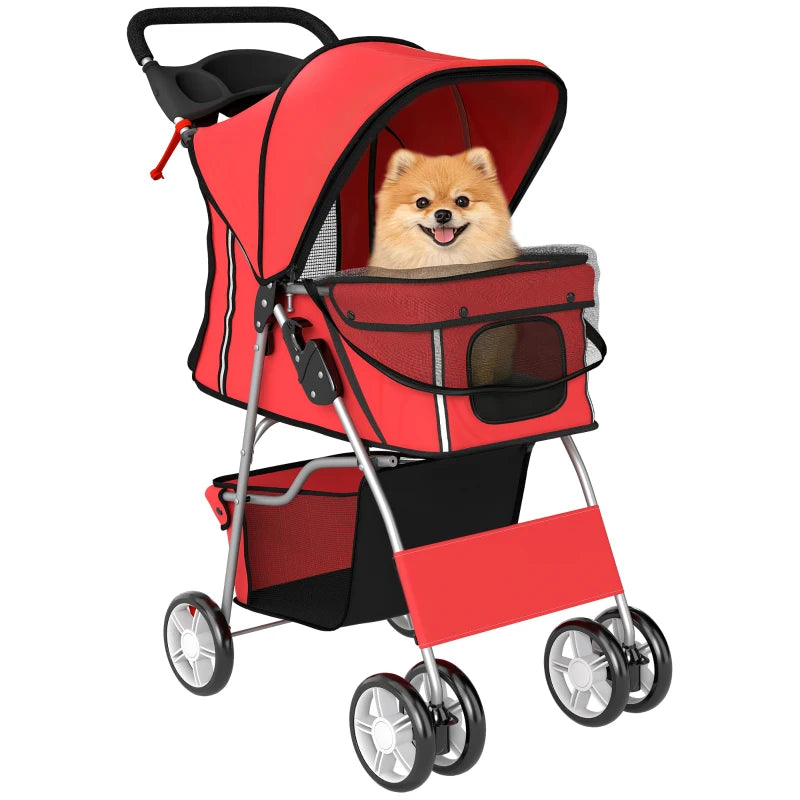 Pet Stroller with Reflective Strips, Foldable Cat Stroller with 360° Swivel Wheels for Small Dogs and Cats, Red