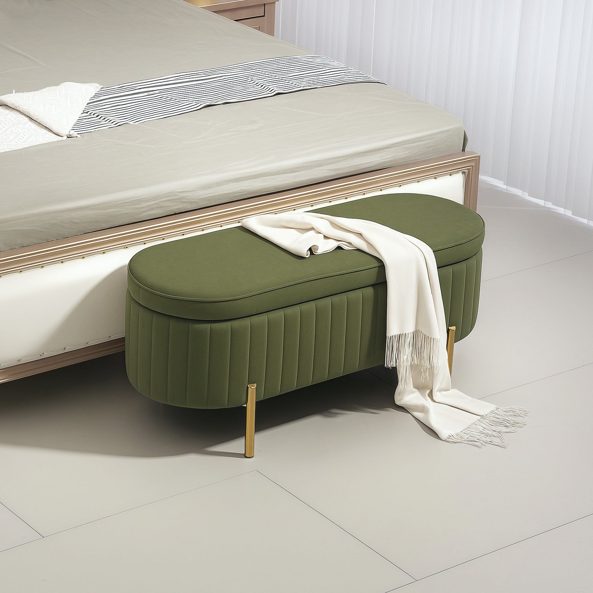 HOMCOM Upholstered Bedroom Bench, Channel Tufted Ottoman Bench with Thick Padding and Metal Legs, Dark Green 
