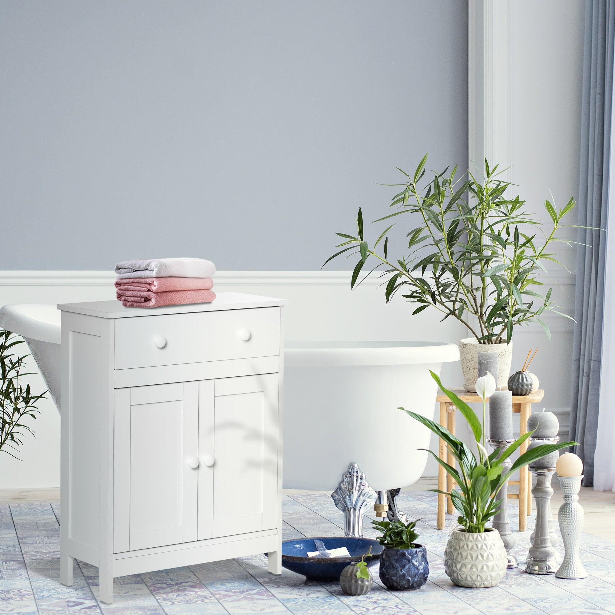 HOMCOM Freestanding Bathroom Cabinet White Accent Sideboard with Drawer Adjustable Shelf Storage 