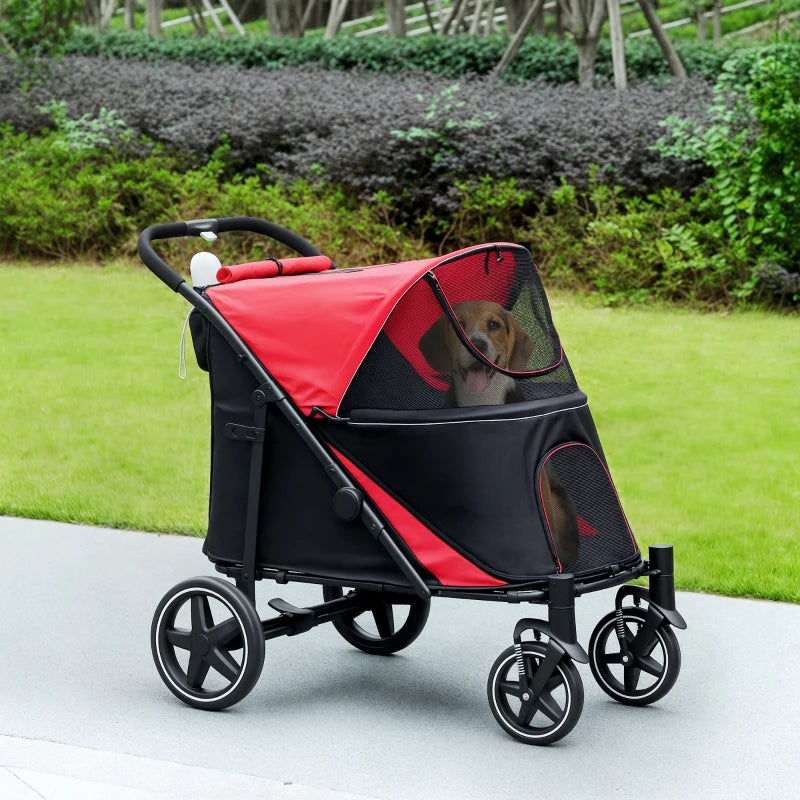 Foldable Pet Stroller with Universal Front Wheels, Shock Absorber, Dog Cat Carriage for Large & Medium Dogs, Red