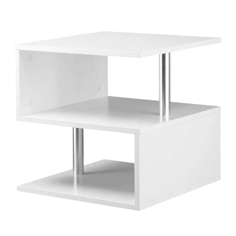 Wooden S Shape End Table 3 Tier Storage Shelves Organizer Living Room Side Table Desk White